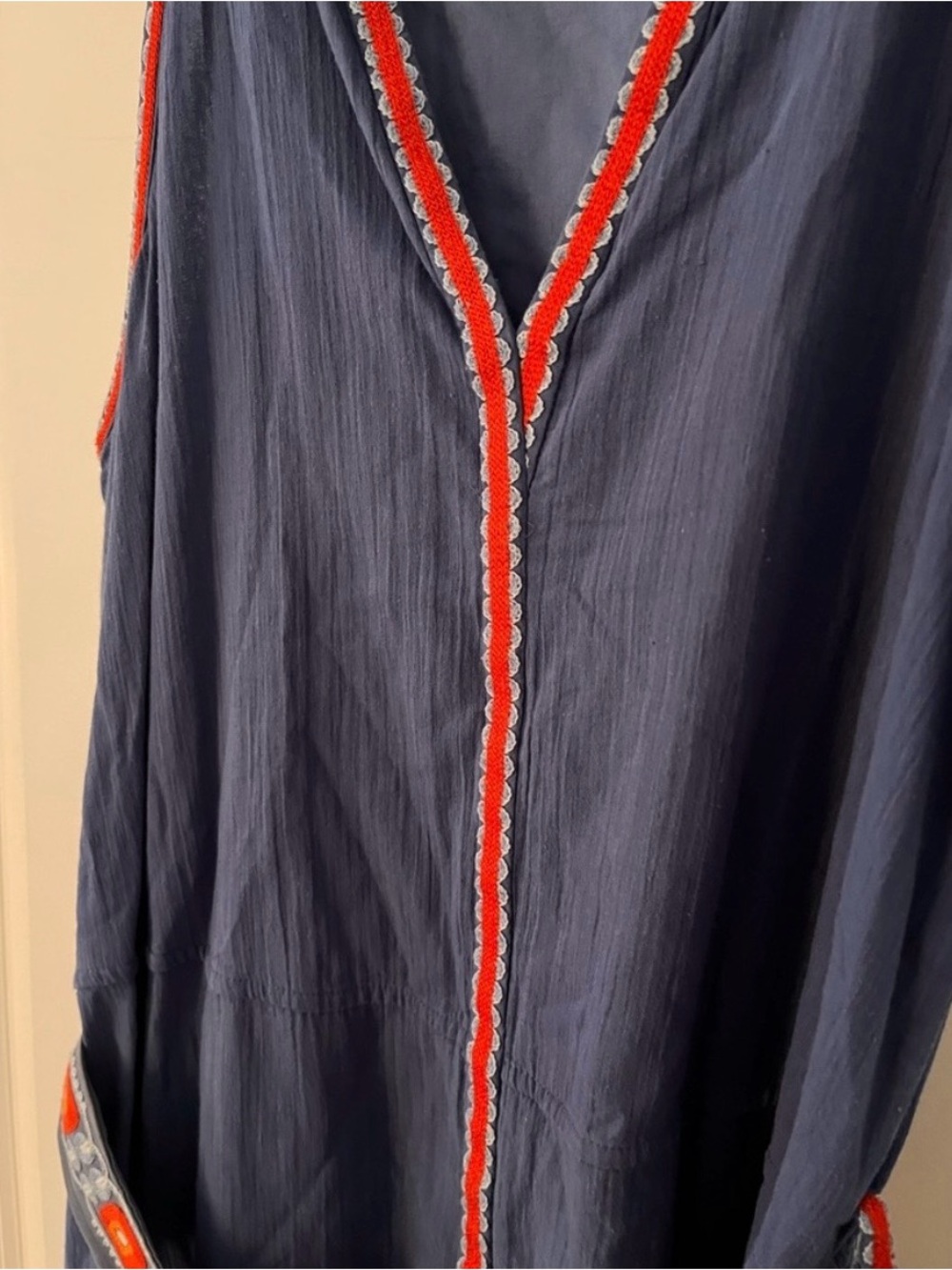 Tory Burch Cotton-Linen Blue Embroidered Tie Wait Dress - Picture 6 of 15